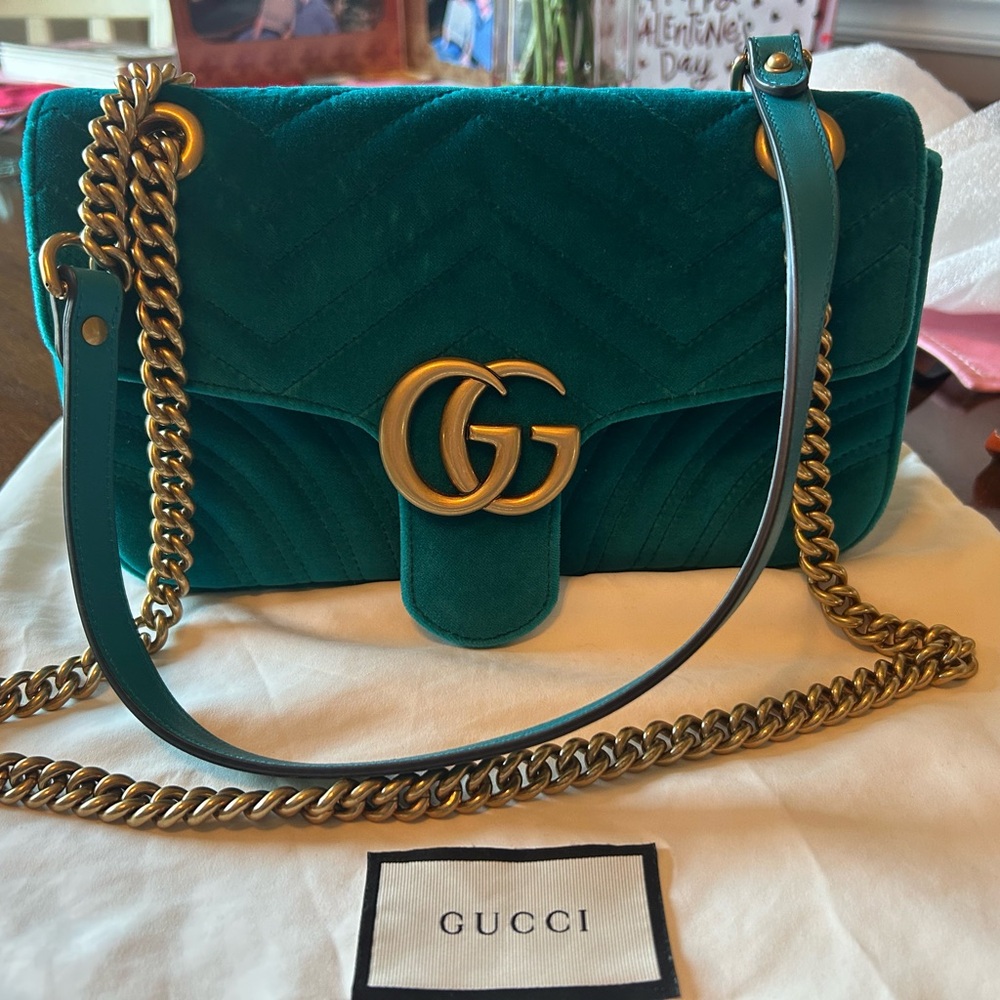 Gucci Marmont Teal Velvet Medium Shoulder Bag with Gold Accents